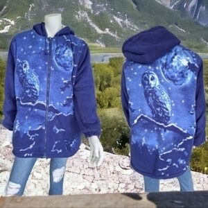 Vintage owl moon night and stars fleece zip hoodie hooded jacket coat XL
